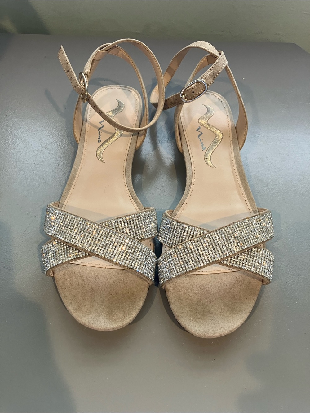 Nina Beige Crystal-Embellished Strappy Sandals